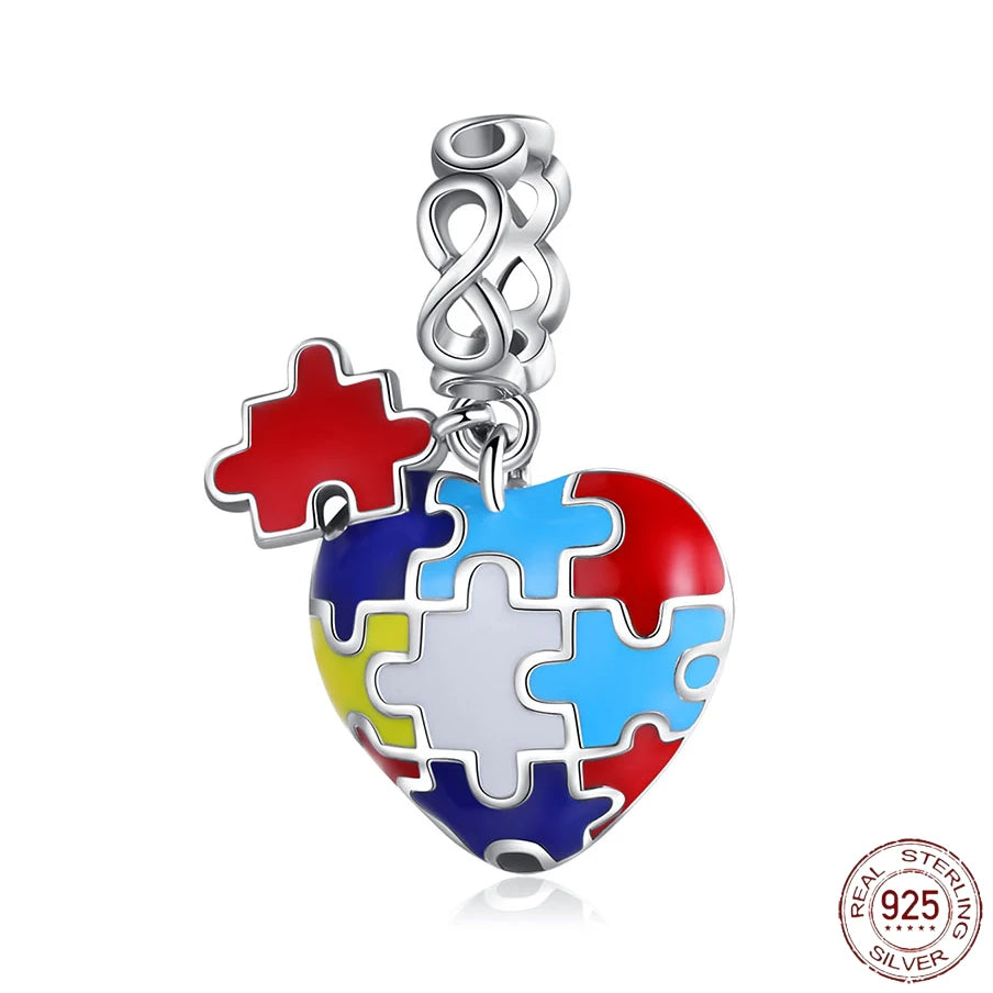 925 Sterling Silver Colorful Puzzle Heart Charm | Dangle Bead Fits Pandora Bracelet & Necklace – DIY Jewelry Making