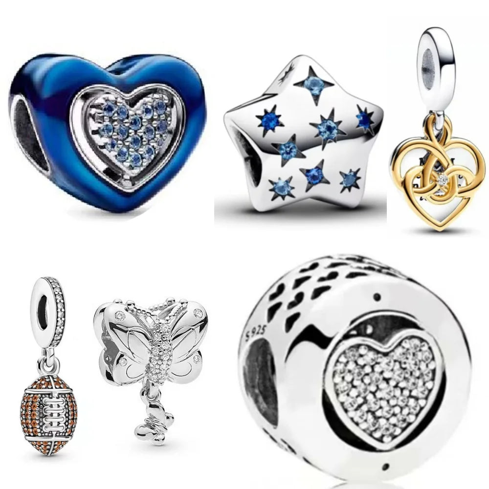 Hot Selling 925 Sterling Silver Blue Heart-Shaped Bead with Feather Pendant | Fit European Original Bracelet DIY Exquisite Jewelry