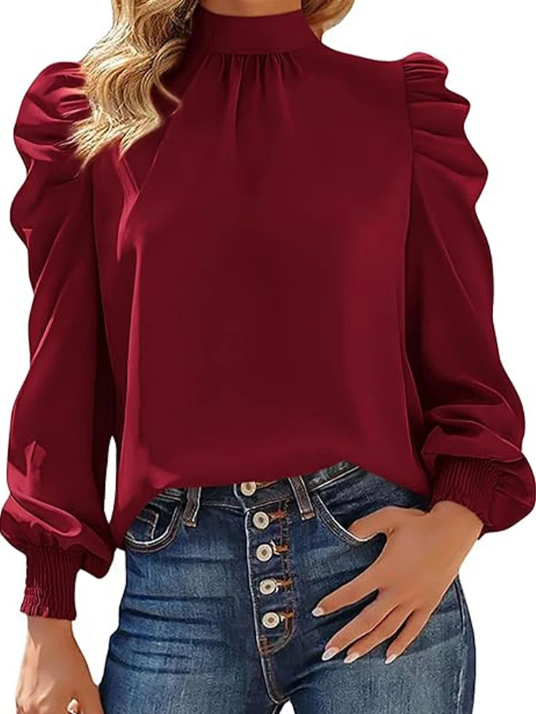 Women’s Satin Puff Sleeve Shirt – Retro Elegant Long Sleeve Turtleneck Top 👚✨
