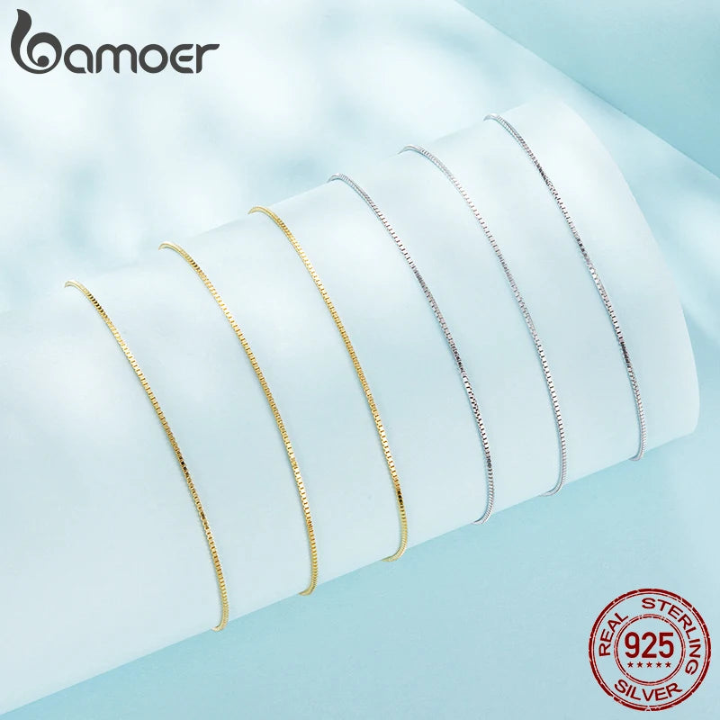 BAMOER 925 Sterling Silver Box Chain Necklace for Women Girls – 0.8mm Solid Gold Over Super Thin & Strong Chain