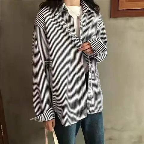 Retro Lazy Style Blue Striped Women’s Long Sleeve Shirt | Spring Autumn Design Sense Outerwear Blouse