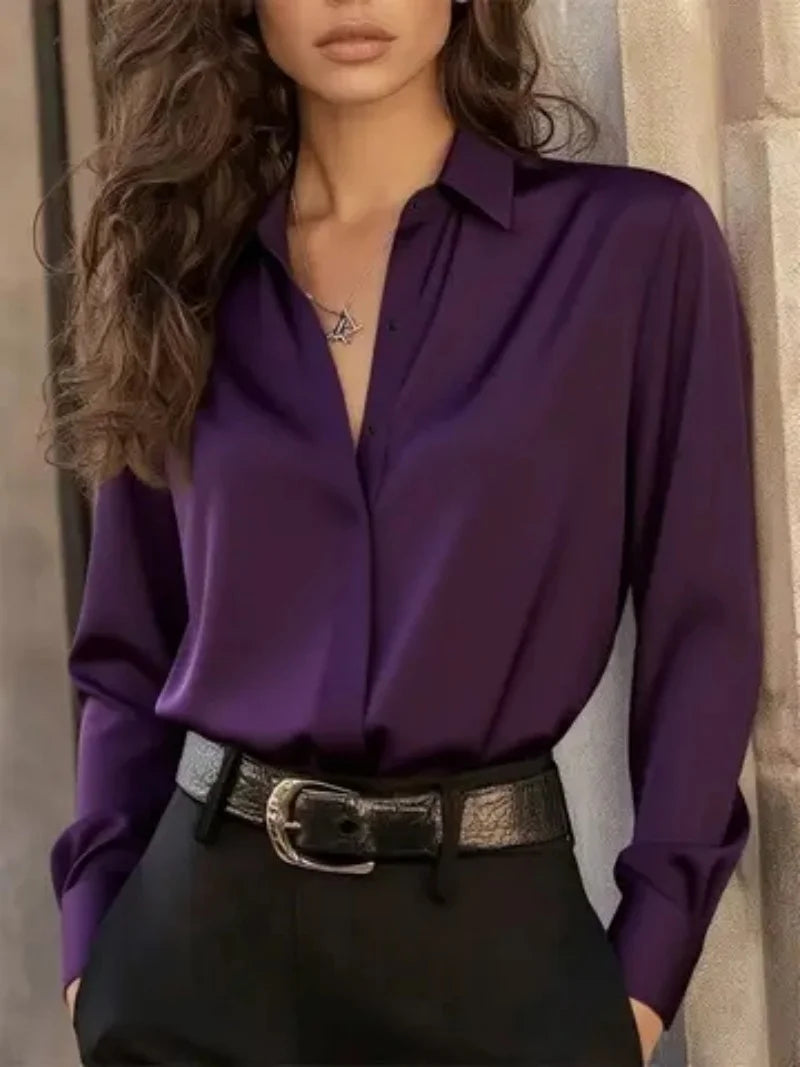 Women’s Long Sleeve Button Down Blouse – Elegant Office Chic Shirt with Classic Collar & Versatile Style ✨