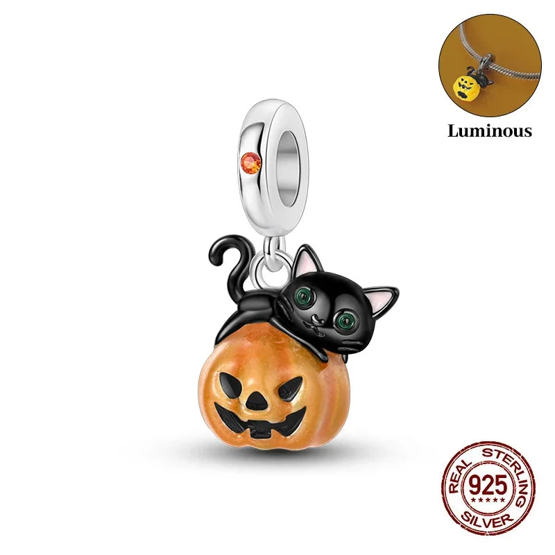 925 Sterling Silver Halloween Luminous Skull & Pumpkin Charms | Fits Original Pandora Bracelet | Party DIY Jewelry Gift