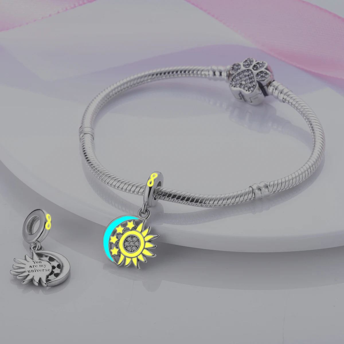 Silver Plated Colorful Glowing Moon & Stars Rainbow Dangle Charms | Fit Original Bracelet & Necklace | Women’s Jewelry Beads