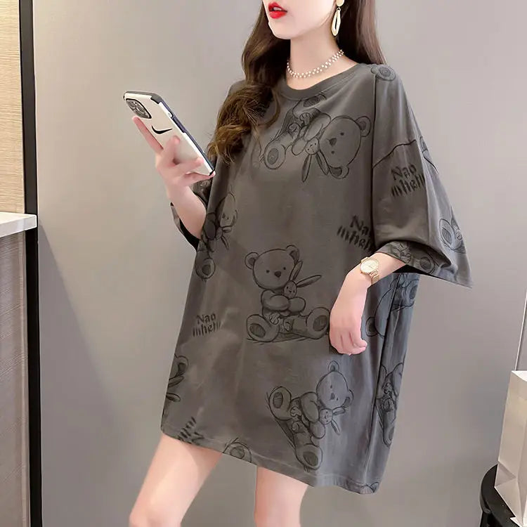 Plus Size Women’s Cartoon T-Shirt | Summer Loose Fit Top | Korean Style Short Sleeve Round Neck