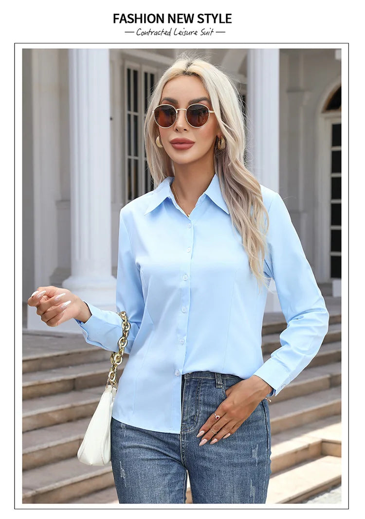 Women’s Solid Color Long Sleeve Shirt – Spring Autumn Casual Turn-Down Collar Loose Top