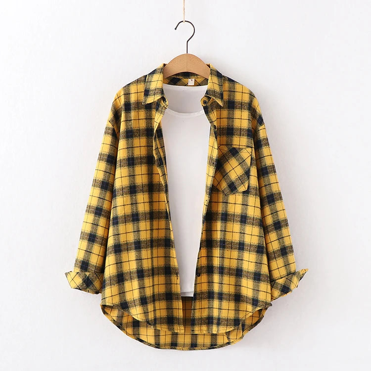 Fresh Flannel Plaid Shirt for Women | 2025 Loose Cotton Long Sleeve Casual Blouse & Top