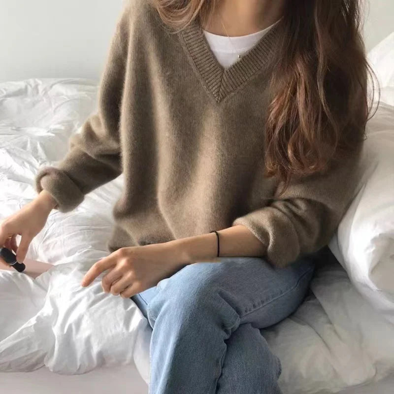 Women’s V-Neck Knitwear – Retro Japanese Style Loose Fit Long Sleeve Crew Neck Top | Spring & Autumn 2025