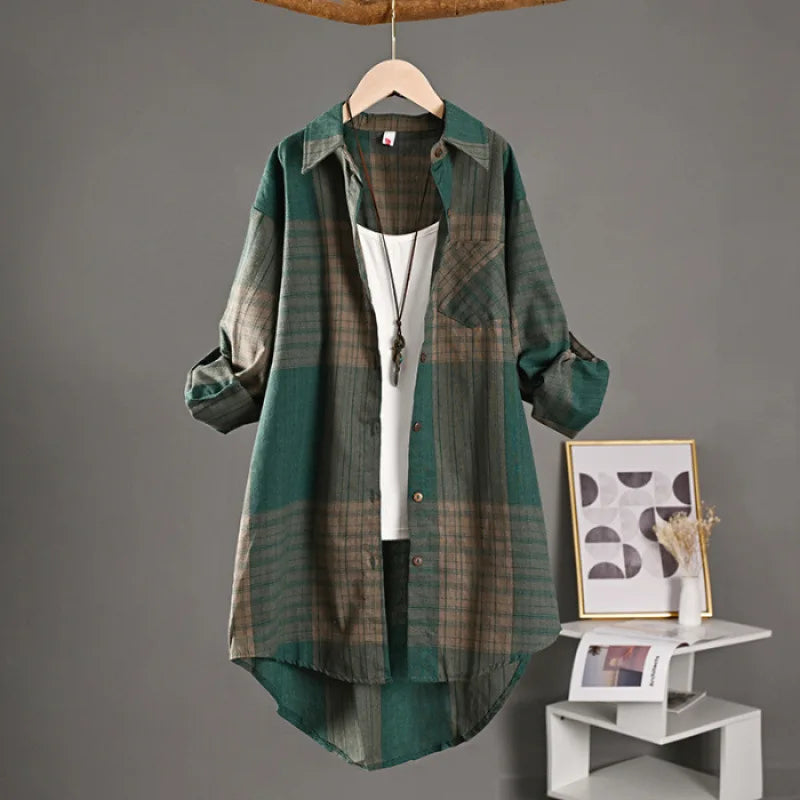 Women’s Checkered Linen Shirt – Buttoned Long Sleeve Vintage Elegant Blouse 👚✨