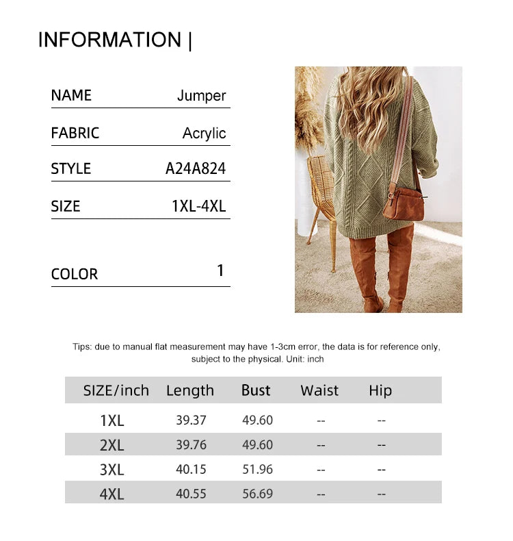 Plus Size Women’s Autumn/Winter Knitted Dress – Casual Loose-Fit Long Sleeve Crew Neck Dress