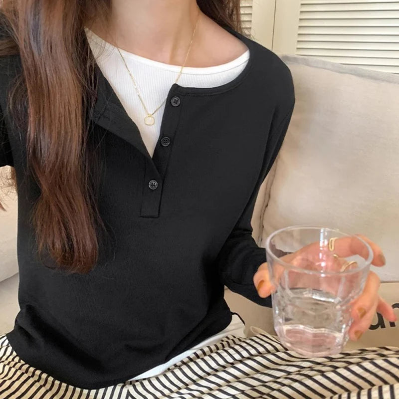 Slimming Effect Pure Cotton Long Sleeve Top – Women’s Loose Fashionable Base Shirt Spring Autumn 2025