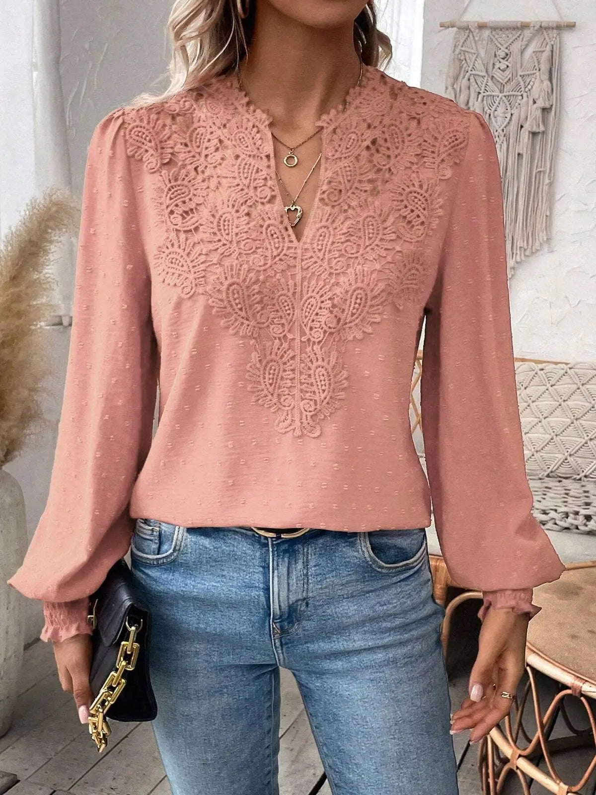 Women’s Long Sleeve Sweater – Fall 2024 Trendy Sexy Lace V-Neck Puff Sleeve Pullover Cute Tops 🍂✨