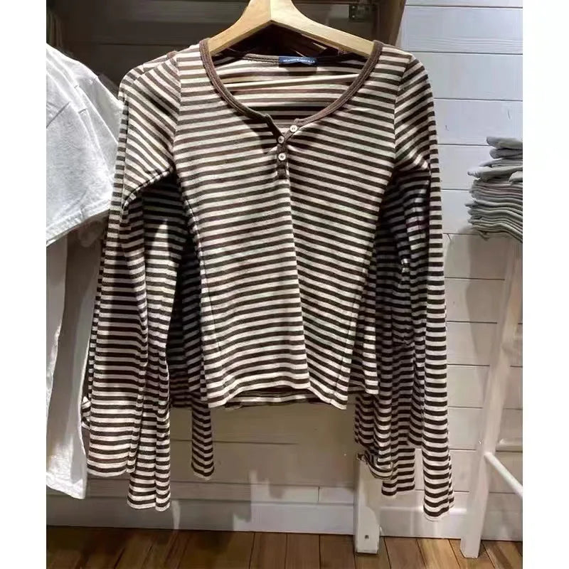 Women’s Pink Striped Slim Long Sleeve Tee | Casual Cotton O-Neck T-Shirt | Sweet Vintage Y2K Top