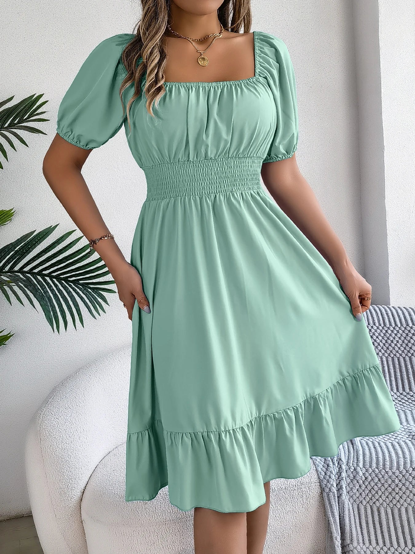 2026 Women’s Elegant High-Waisted Dress – Square Neck, Short Sleeve, Ruffled Edge Long Dress | Spring Summer Valentine’s Day