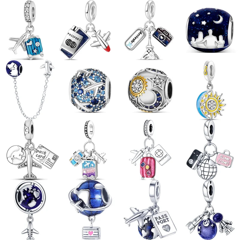 925 Sterling Silver Travel Series Charms | Airplane Passport Luggage Sun Moon Star Beads Fit Original Bracelet Jewelry