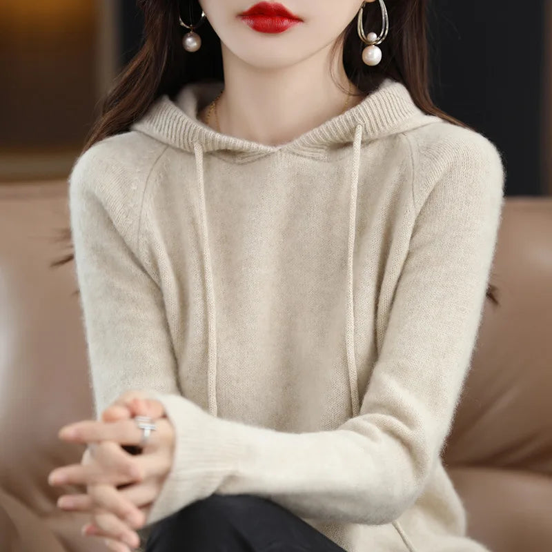 Women Pullover Sweater Hooded Jumper – Korean Loose Fit Solid Long Sleeve Thick Warm Knitted Sweater Autumn Winter