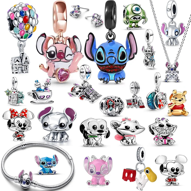 Hot Sale New Disney Cartoon Animal 925 Sterling Silver Lilo & Stitch Charm Bead Bracelet