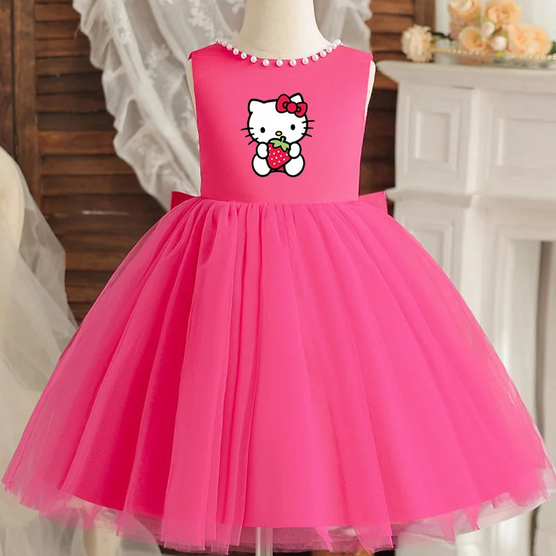 Hello Kitty Kids Pearls Elegant Princess Dress for Girls Backless Bow Baby 1st Birthday Baptism Tutu Gown Wedding Dress