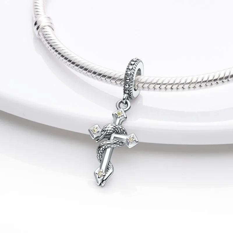 925 Sterling Silver Inlaid Zircon Love Heart & Snake Dangle Charm – Fits Original Pandora Bracelet, Women’s Jewelry Pendant Bead