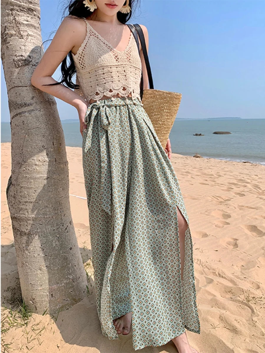 Vacation Style High Waist Wide Leg Pants – Thin Long Ethnic Print Pants for Beach & Holiday Wear
