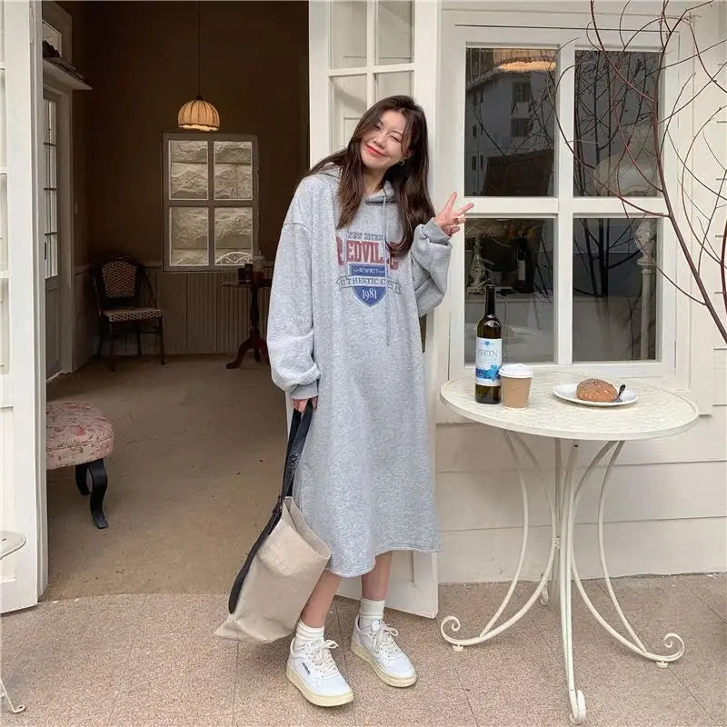 Winter Thiened Fleece Sweatshirt Dress – Printed Midi Skirt Hoodie Dress, Lazy Long Sleeve Outerwear for Young Women
