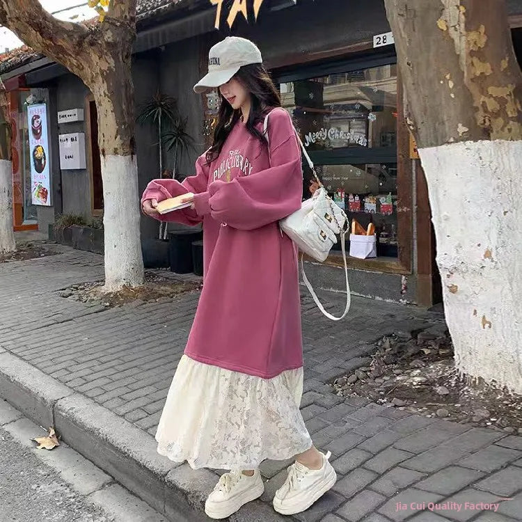Sweet School Style Pink Lace Sweatshirt Dress – High Waist A-Line Cute Casual Women’s Fashion