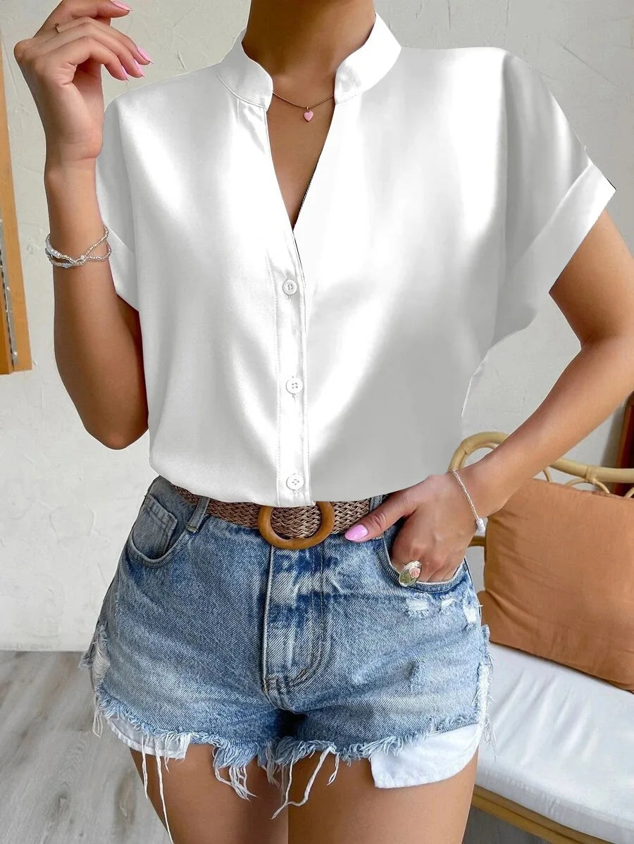 Women’s Summer V-Neck Blouse 2024 – Solid Color Short Sleeve Button Office Top 👚☀️