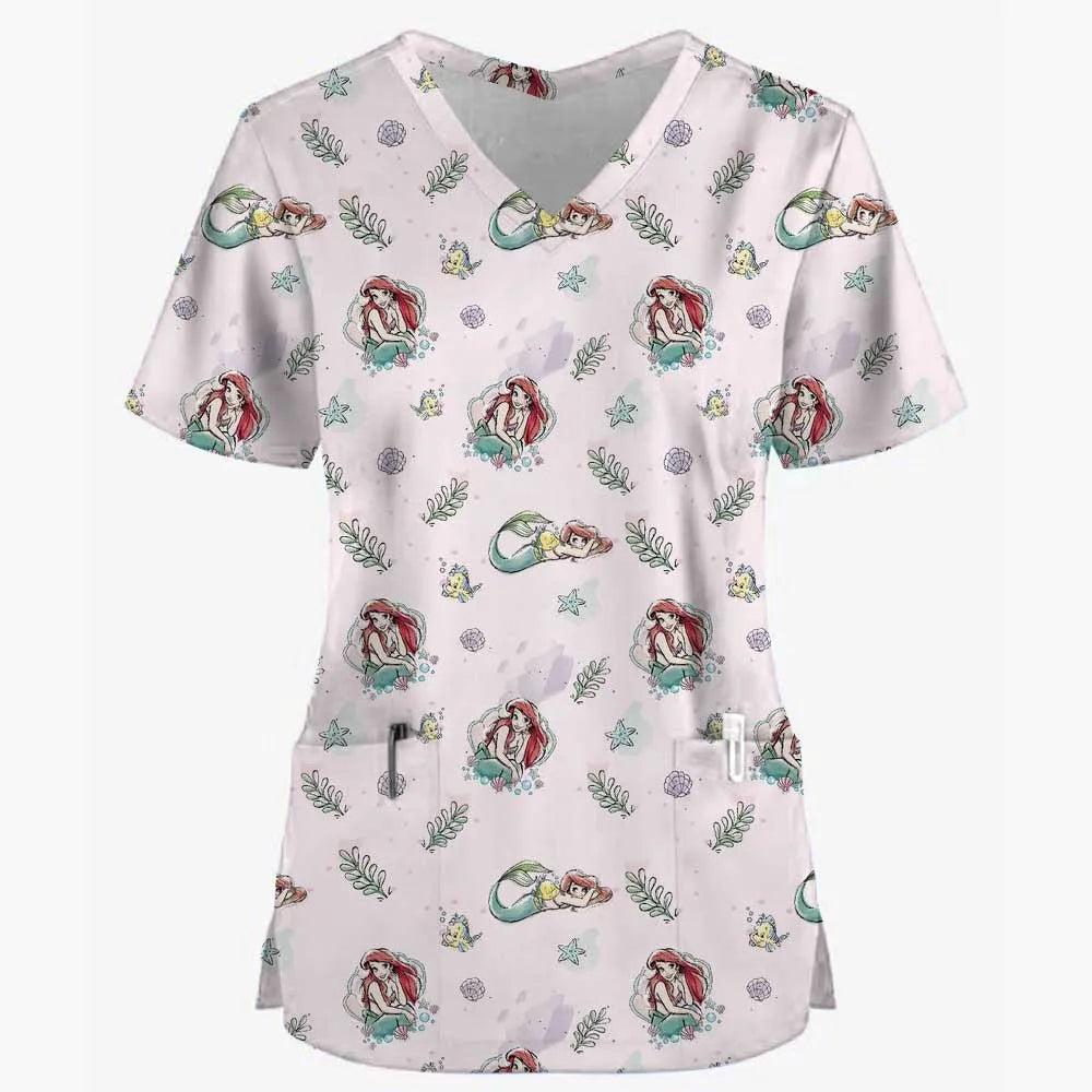 Disney Princess Ariel & Elsa Print Scrub Tops – Women’s Nurse & Dentist Work Uniform 👩‍⚕️✨