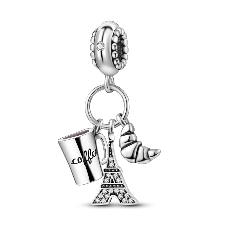 925 Sterling Silver Travel Around the World Charm Bead | Eiffel Tower & Triumphal Arch Dangle for Original Bracelet DIY Jewelry