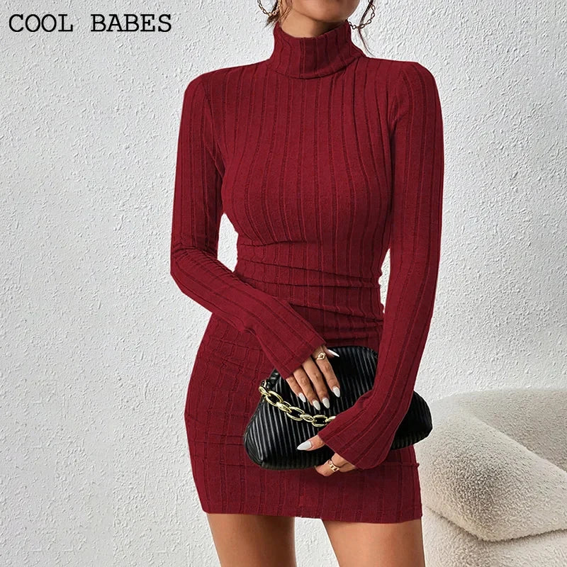 Women’s Elegant Turtleneck Party Dress – Autumn Winter Long Sleeve Sexy Sheath Mini Bodycon Club Knitted Dress