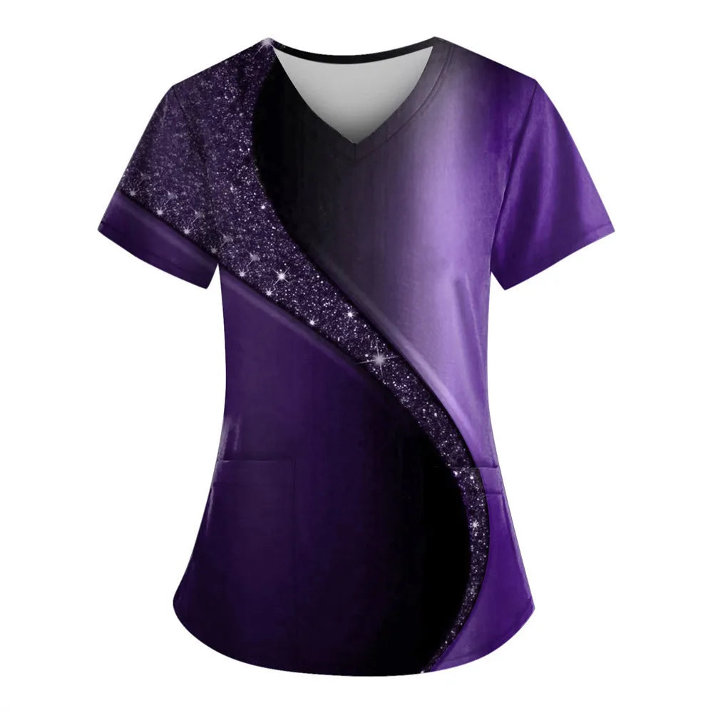 Women’s Nursing Scrubs ✨ Starlight 3D Print V-Neck Medical Uniform 💙