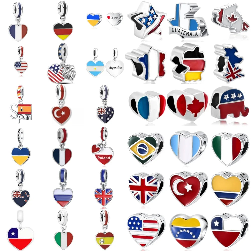 925 Sterling Silver National Flag Charms | Britain, Spain & Brazil Building Beads Fit Pandora Bracelet – Travel Jewelry Accessories