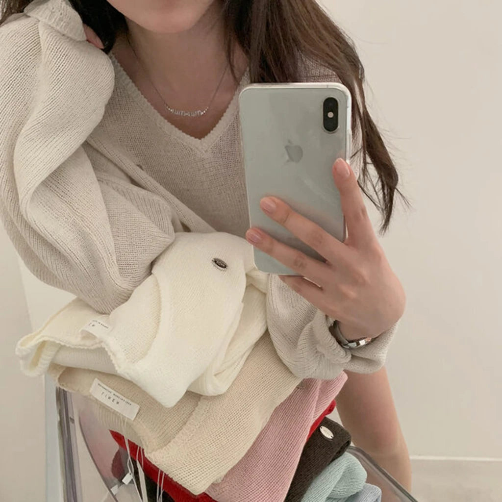Loose Women’s Knitwear V-Neck Long Sleeve T-Shirt – Casual Comfortable Fashionable Autumn Top New Arrival