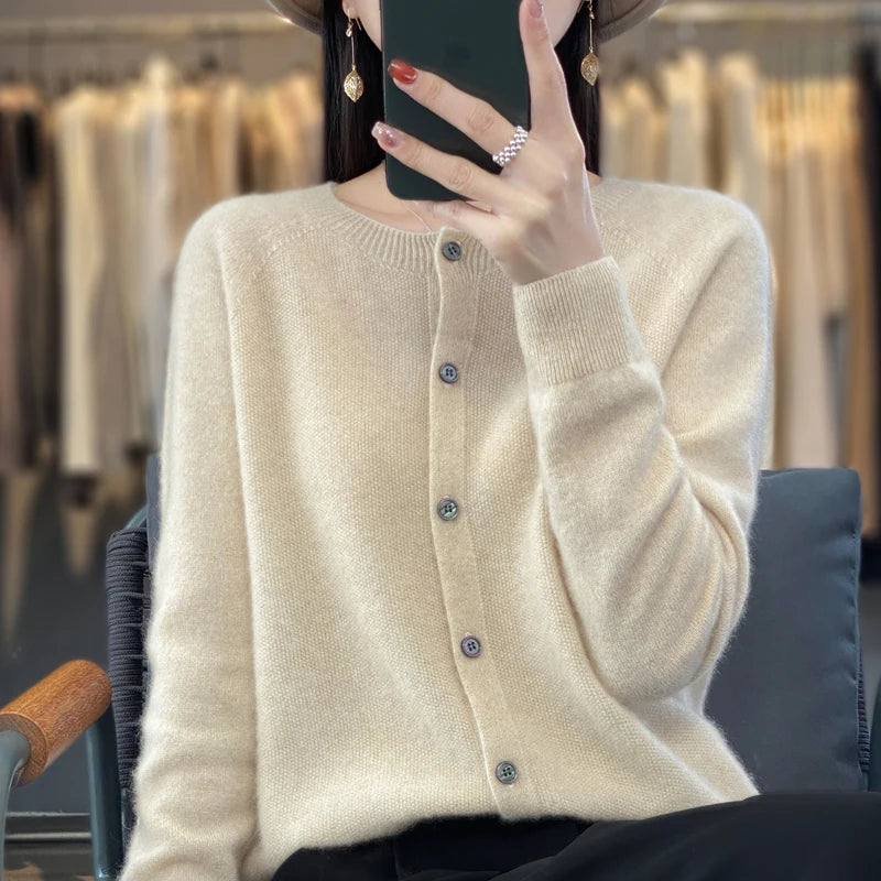 Women’s 100% Pure Wool Loose Cardigan – Autumn Winter Round Neck Solid Color Top 🍂🧶