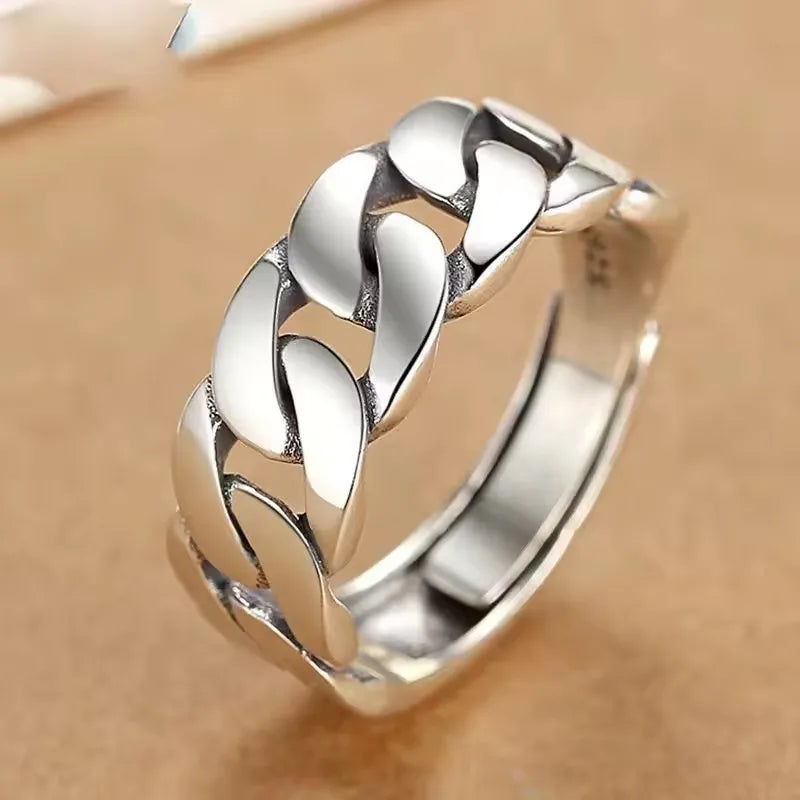 Sam Panda 925 Sterling Silver Adjustable Chain Ring | Vintage Open Finger Ring for Women & Men | Fine Jewelry Gift