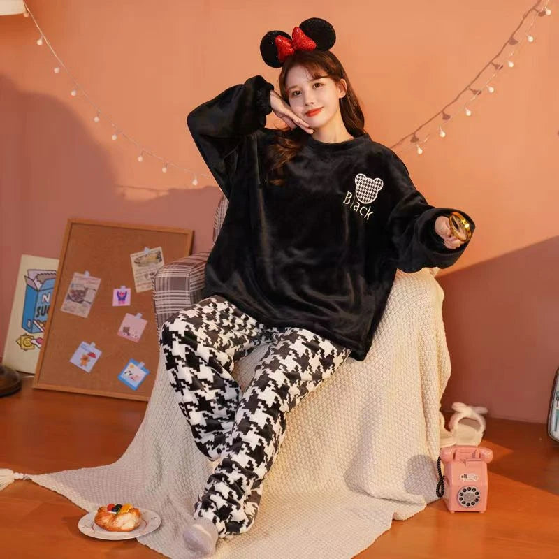 ❄️ Fleece Thick Warm Women’s Pajamas Set 🛌 Soft Winter Sleepwear | Cozy Solid Top & Plaid Pants Pijamas Home Suit ❤️