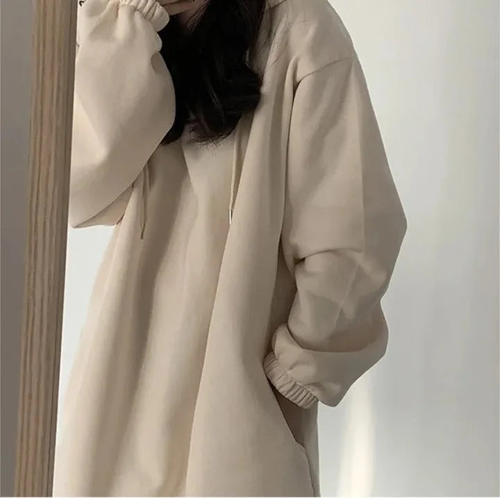 Chic Winter College Long Hoodie Dress ❄️ Lazy Fleece A-Line Side Slit Dress 👗 Pure Color Polyester Fiber 🧵