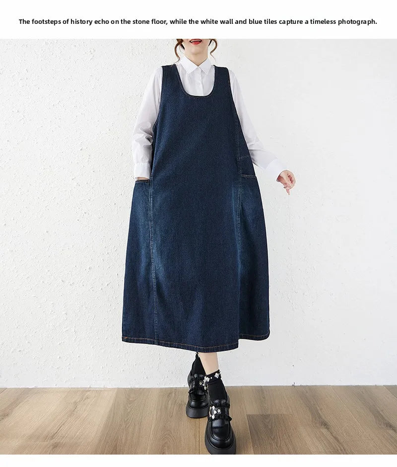 Loose Korean Style Plus Size Denim Vest Skirt – High Waist Over-Knee Slimming Cotton Jeans Corset Casual Dress for Women