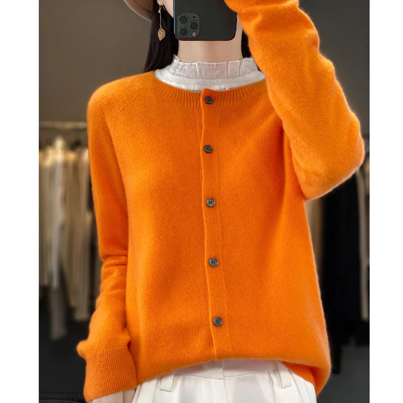 Women’s 100% Pure Wool Loose Cardigan – Autumn Winter Round Neck Solid Color Top 🍂🧶