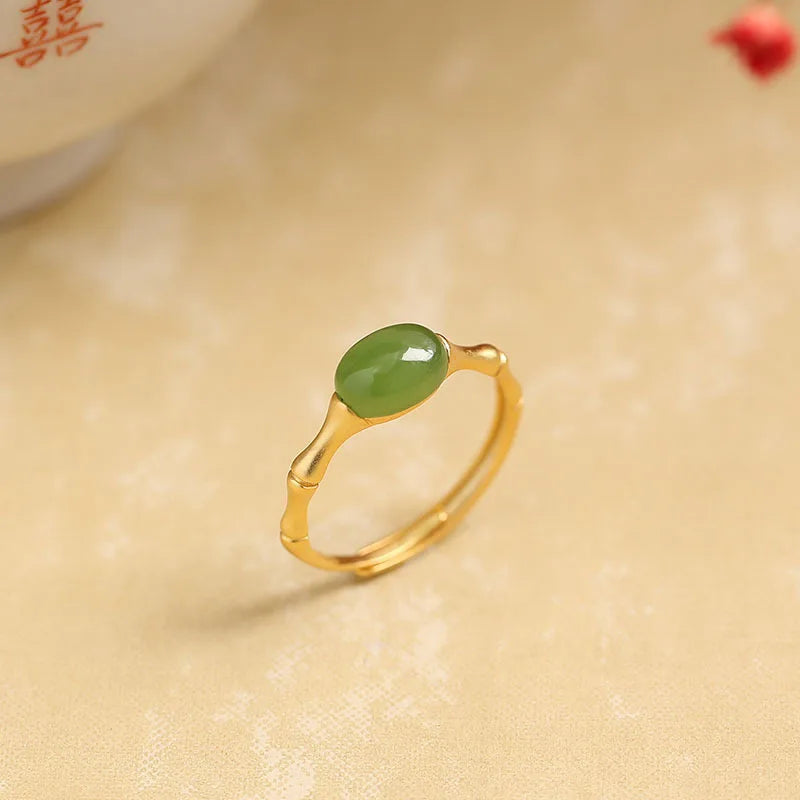 PANJBJ 925 Sterling Silver Hotan Jade Geometric Adjustable Ring | Retro Delicate Jewelry Gift for Women