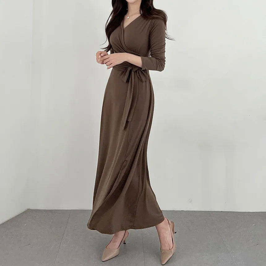 ✨ Slimming V-Neck Cross Wrap Long Dress 👗 Women's Base Layer Dress 🌸 Belted Waist Split Long Sleeve Colorful Commute Wear