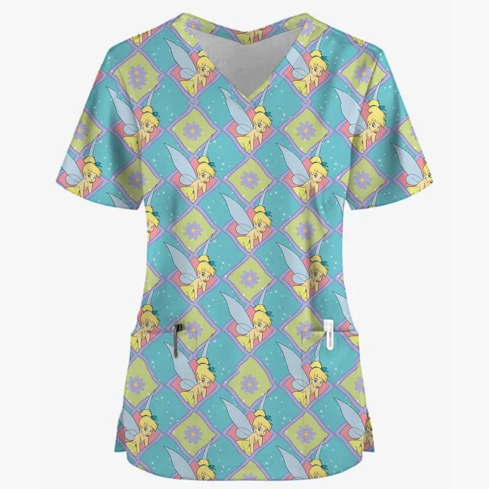 Disney Princess Ariel & Elsa Print Scrub Tops – Women’s Nurse & Dentist Work Uniform 👩‍⚕️✨