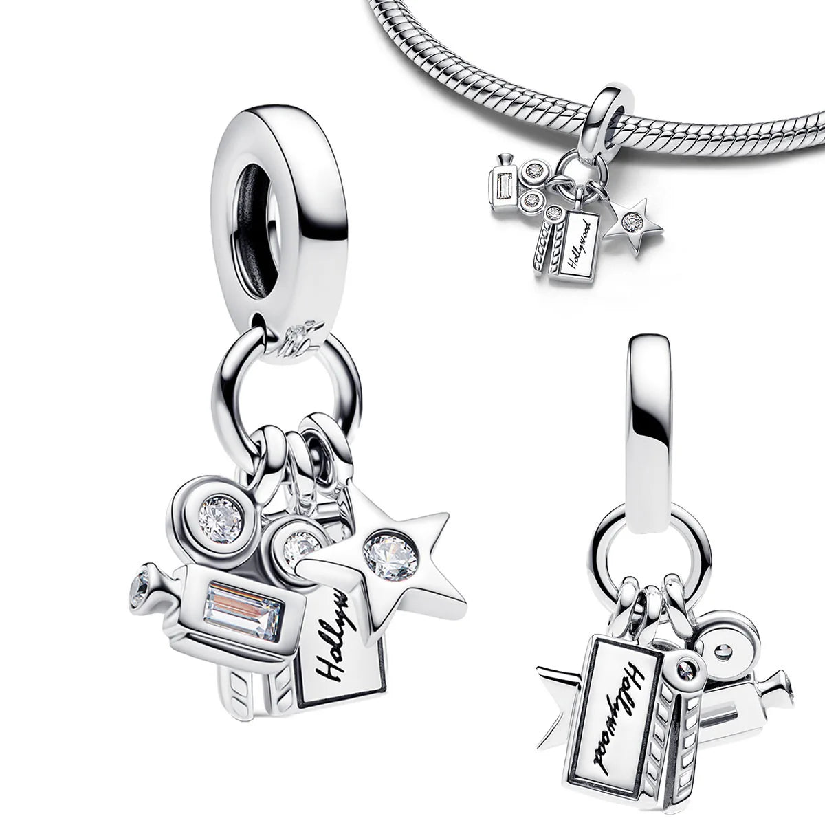 925 Sterling Silver Golden Round Necklace & Bow Earrings Set | Stars, Moon & Heart Charms Beads Women Jewelry Gift