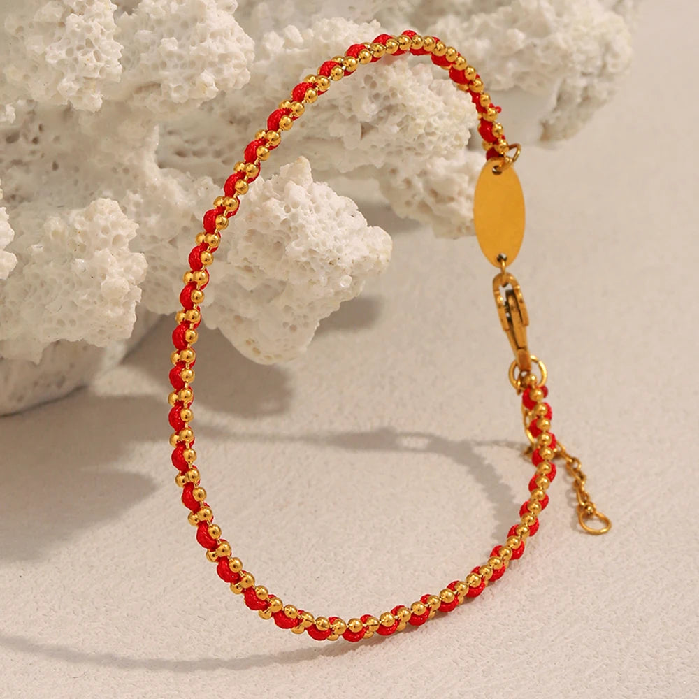 E.B.belle Lucky Red Rope Bracelet | 18K Gold Plated Stainless Steel Round Beads Unisex Fashion Jewelry Gift