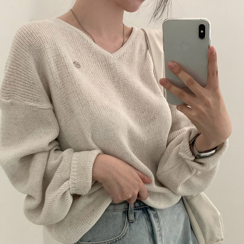 Loose Women’s Knitwear V-Neck Long Sleeve T-Shirt – Casual Comfortable Fashionable Autumn Top New Arrival