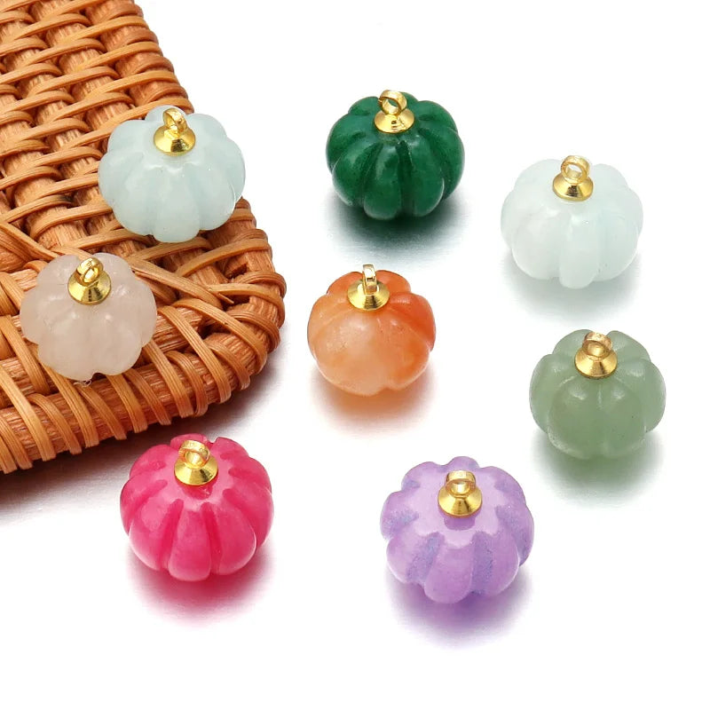 5pcs Natural Stone Pumpkin Pendants | Rose Quartz & Green Aventurine Charms for DIY Jewelry Making