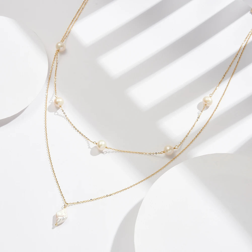 Rinntin 925 Sterling Silver Layered Natural Pearl Necklace | Geometric Pendant Luxury Jewelry