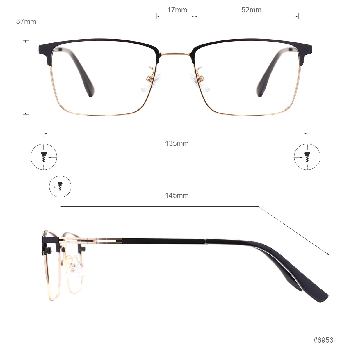 Rectangular Metal Browline Glasses Frame – Comfortable Large Full Rim Business Eyewear for Men