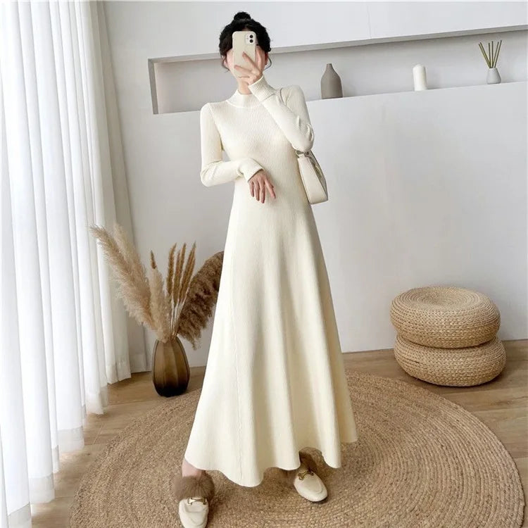 Women’s Knitted A-Line Dress – Slimming Waist Design Autumn Winter Sweater Long Dress | High-End Inner Wear