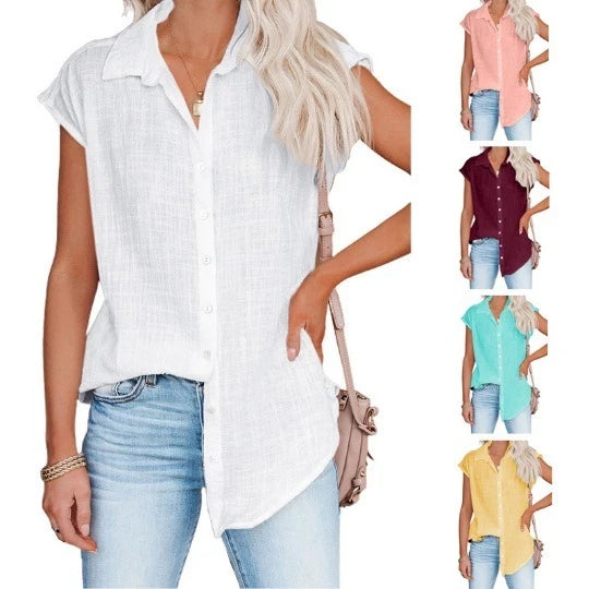 Summer Solid Cotton Linen Shirt for Women – Casual Short Sleeve Loose T-Shirt Ladies Thin Tee Top 🌿✨
